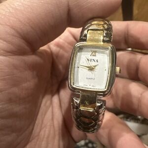 Working Vintage Nina Two Tone Quartz‎ Ladies Cuff Watch Dainty 19mm Fit 6.5in